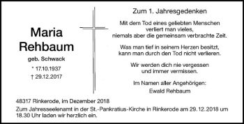 Anzeige von Maria Rehbaum von Westfälische Nachrichten