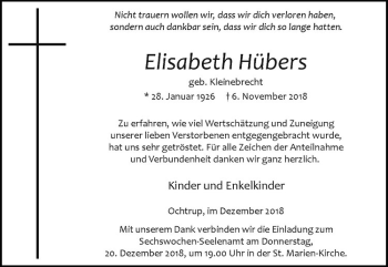 Anzeige von Elisabeth Hübers von Westfälische Nachrichten
