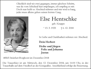 Anzeige von Else Hentschke von Westfälische Nachrichten