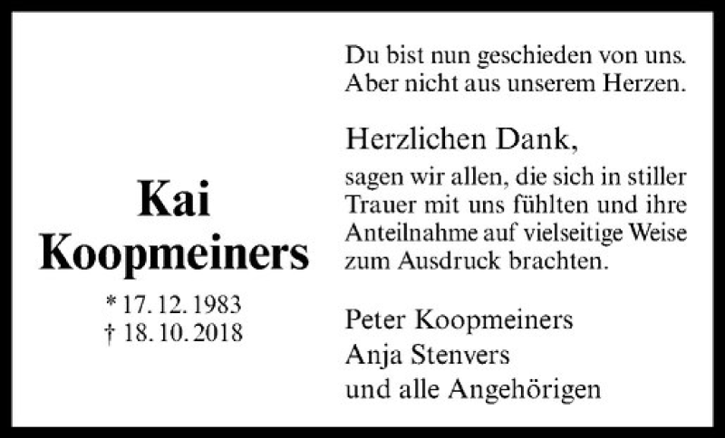  Traueranzeige für Kai Koopmeiners vom 15.12.2018 aus Westfälische Nachrichten