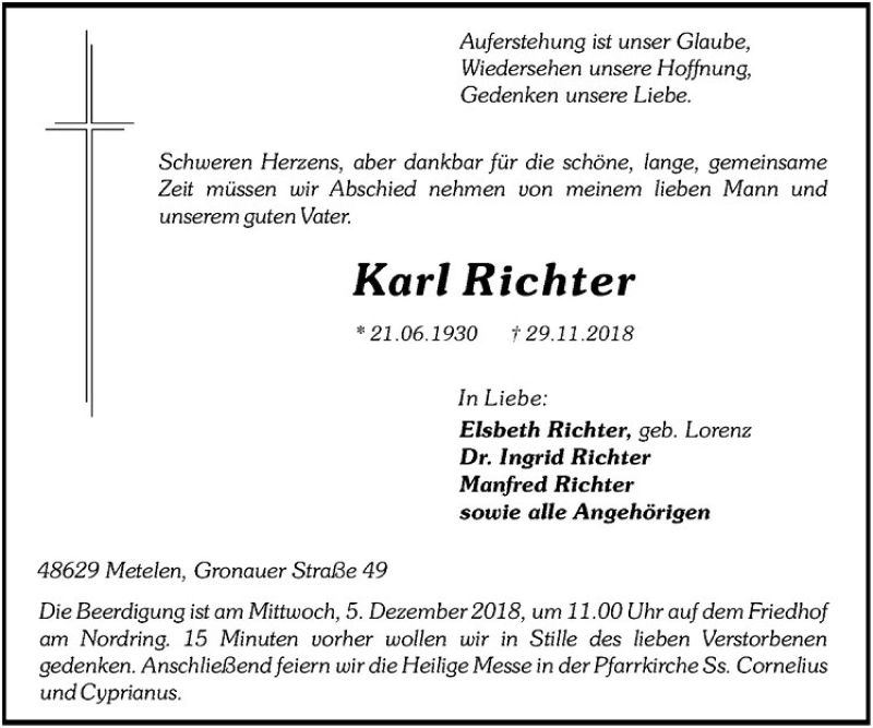  Traueranzeige für Karl Richter vom 03.12.2018 aus Westfälische Nachrichten