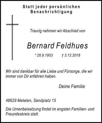 Anzeige von Bernard Feldhues von Westfälische Nachrichten