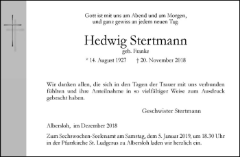 Anzeige von Hedwig Stertmann von Westfälische Nachrichten