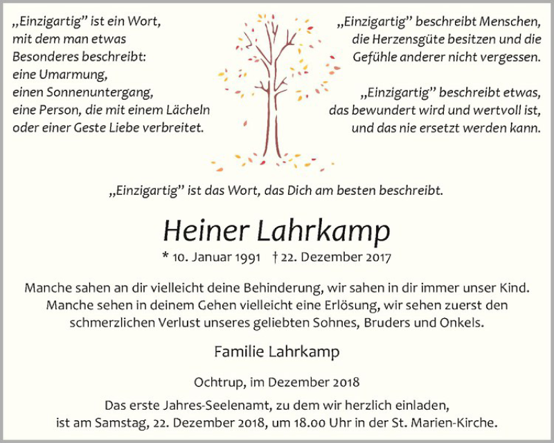  Traueranzeige für Heiner Lahrkamp vom 19.12.2018 aus Westfälische Nachrichten