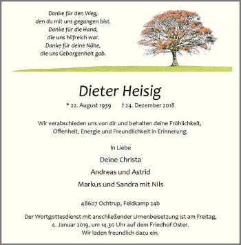 Anzeige von Dieter Heisig von Westfälische Nachrichten