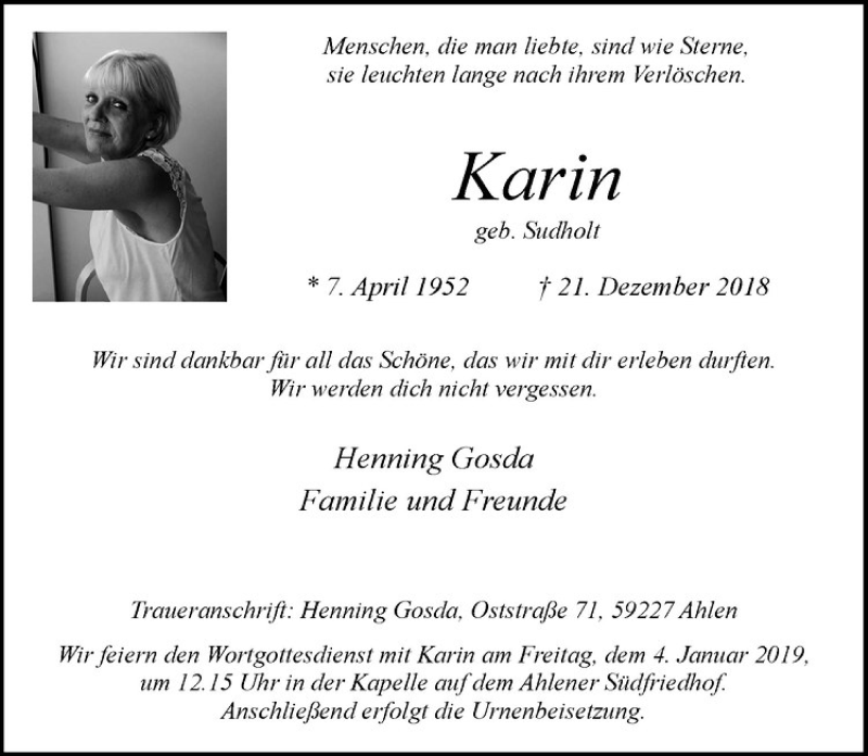  Traueranzeige für Karin  vom 29.12.2018 aus Westfälische Nachrichten