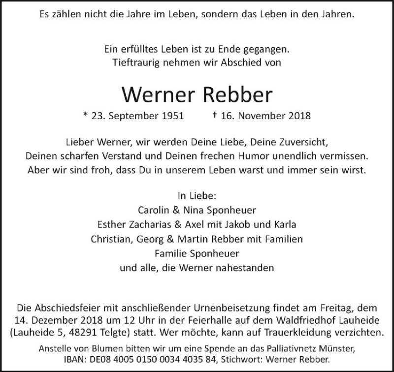  Traueranzeige für Werner Rebber vom 08.12.2018 aus Westfälische Nachrichten
