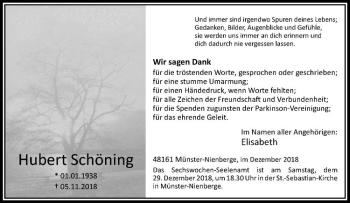 Anzeige von Hubert Schöning von Westfälische Nachrichten