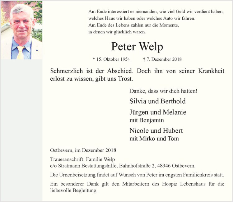  Traueranzeige für Peter Welp vom 12.12.2018 aus Westfälische Nachrichten