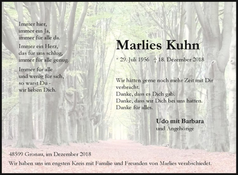  Traueranzeige für Maries Kuhn vom 31.12.2018 aus Westfälische Nachrichten