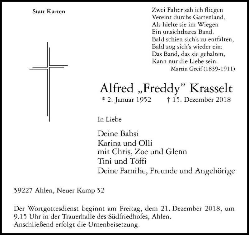  Traueranzeige für Alfred Krasselt vom 19.12.2018 aus Westfälische Nachrichten
