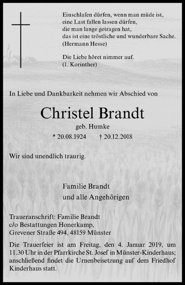  Traueranzeige für Christel Brandt vom 28.12.2018 aus Westfälische Nachrichten