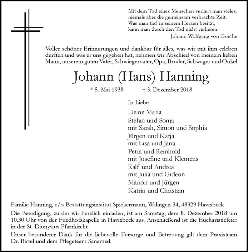  Traueranzeige für Johann Hanning vom 05.12.2018 aus Westfälische Nachrichten