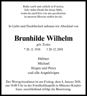 Anzeige von Brunhilde Wilhelm von Westfälische Nachrichten