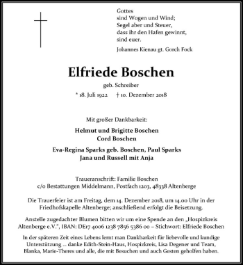 Anzeige von Elfriede Boschen von Westfälische Nachrichten