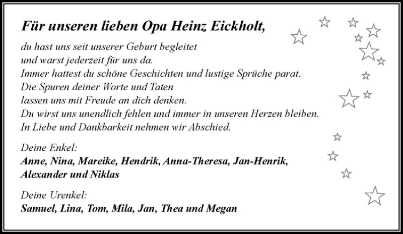  Traueranzeige für Heinrich Eickholt vom 28.12.2018 aus Westfälische Nachrichten