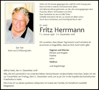 Anzeige von Fritz Herrmann von Westfälische Nachrichten