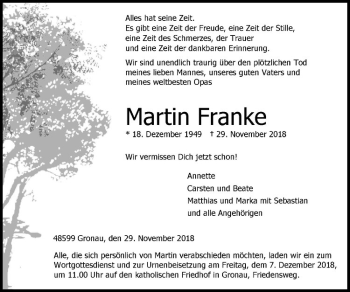 Anzeige von Martin Franke von Westfälische Nachrichten