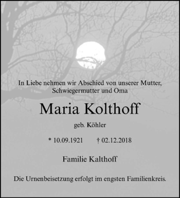 Anzeige von Maria Kolthoff von Westfälische Nachrichten