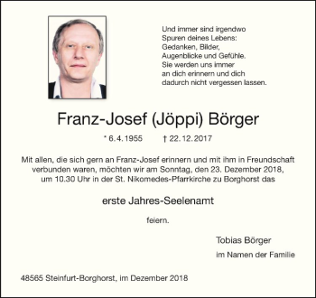 Anzeige von Franz-Josef Börger von Westfälische Nachrichten