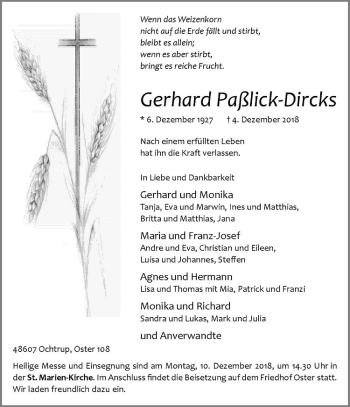 Anzeige von Gerhard Paßlick-Dircks von Westfälische Nachrichten