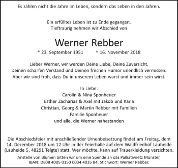 Anzeige von Werner Rebber von Westfälische Nachrichten