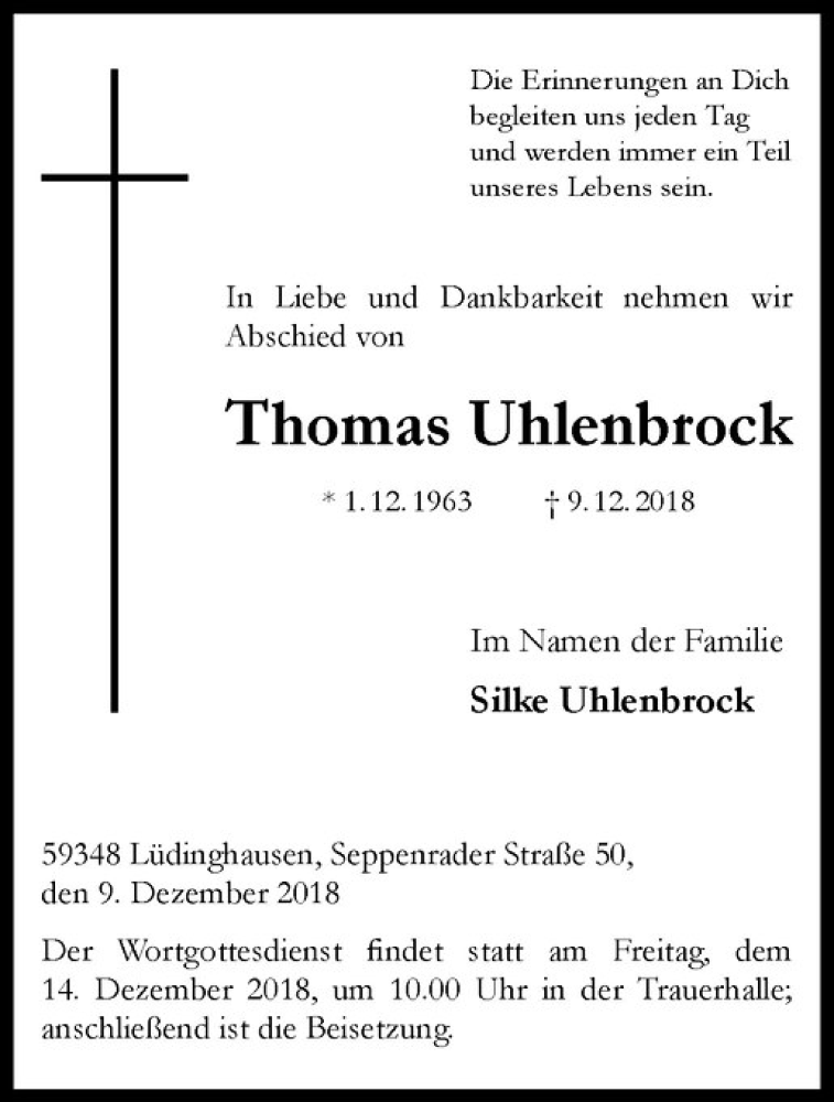  Traueranzeige für Thomas Uhlenbrock vom 13.12.2018 aus Westfälische Nachrichten
