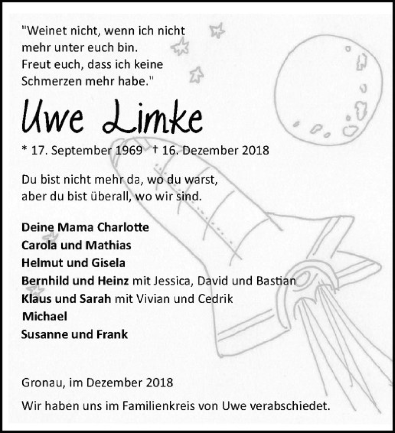  Traueranzeige für Uwe Limke vom 22.12.2018 aus Westfälische Nachrichten