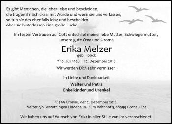 Anzeige von Erika Melzer von Westfälische Nachrichten