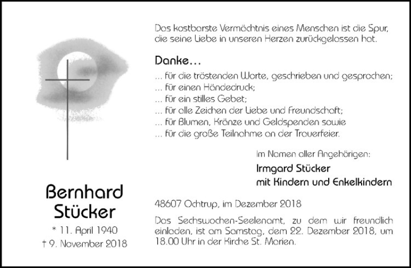  Traueranzeige für Bernhard Stücker vom 19.12.2018 aus Westfälische Nachrichten
