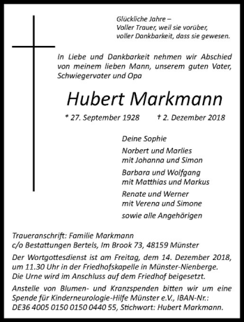 Anzeige von Hubert Markmann von Westfälische Nachrichten