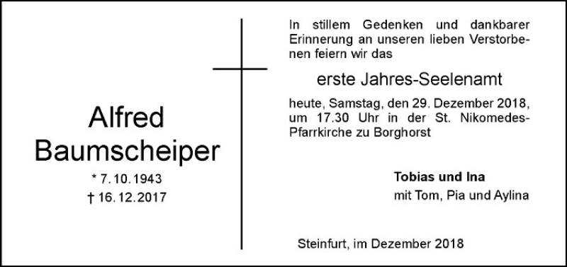  Traueranzeige für Alfred Baumscheiper vom 29.12.2018 aus Westfälische Nachrichten