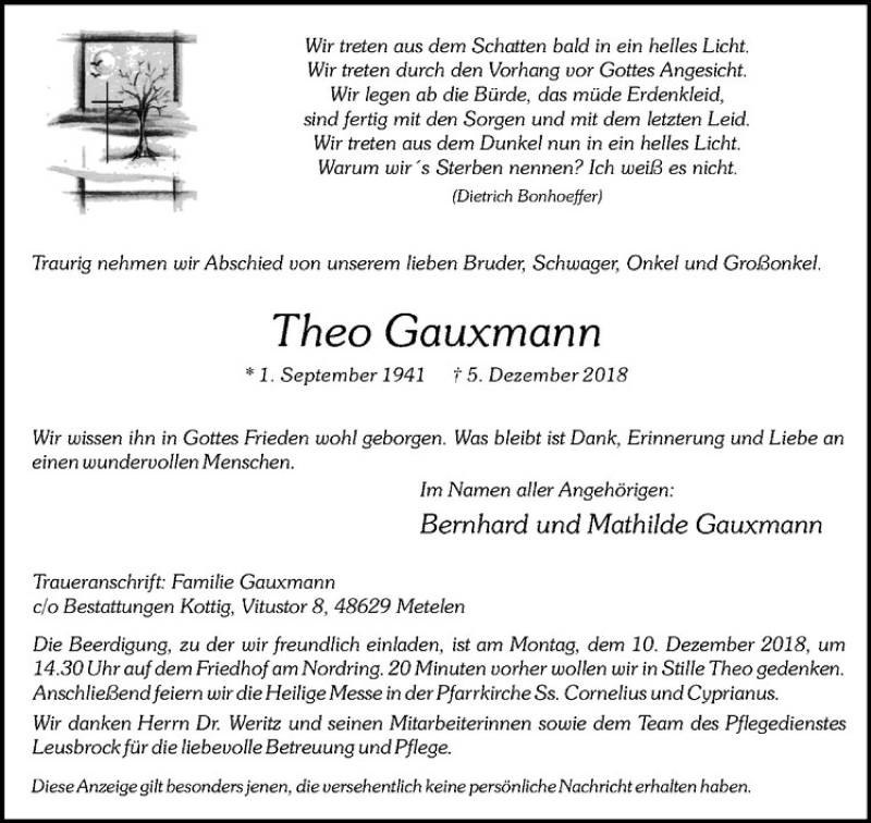  Traueranzeige für   vom 07.12.2018 aus Westfälische Nachrichten