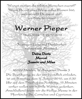 Anzeige von Werner Pieper von Westfälische Nachrichten