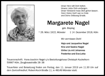 Anzeige von Margarete Nagel von Westfälische Nachrichten