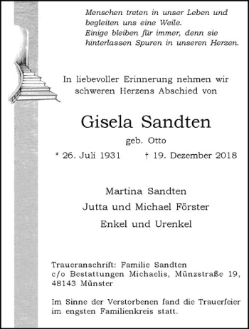 Anzeige von Gisela Sandten von Westfälische Nachrichten