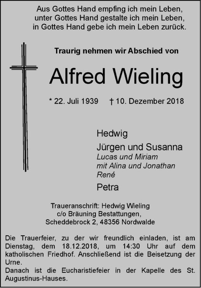  Traueranzeige für Alfred Wieling vom 15.12.2018 aus Westfälische Nachrichten