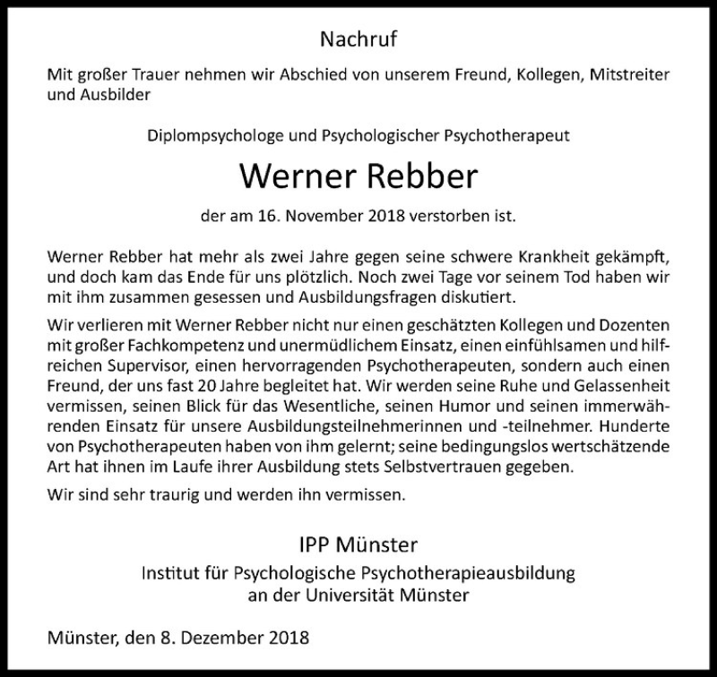  Traueranzeige für Werner Rebber vom 08.12.2018 aus Westfälische Nachrichten