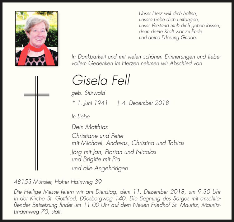  Traueranzeige für Gisela Fell vom 08.12.2018 aus Westfälische Nachrichten