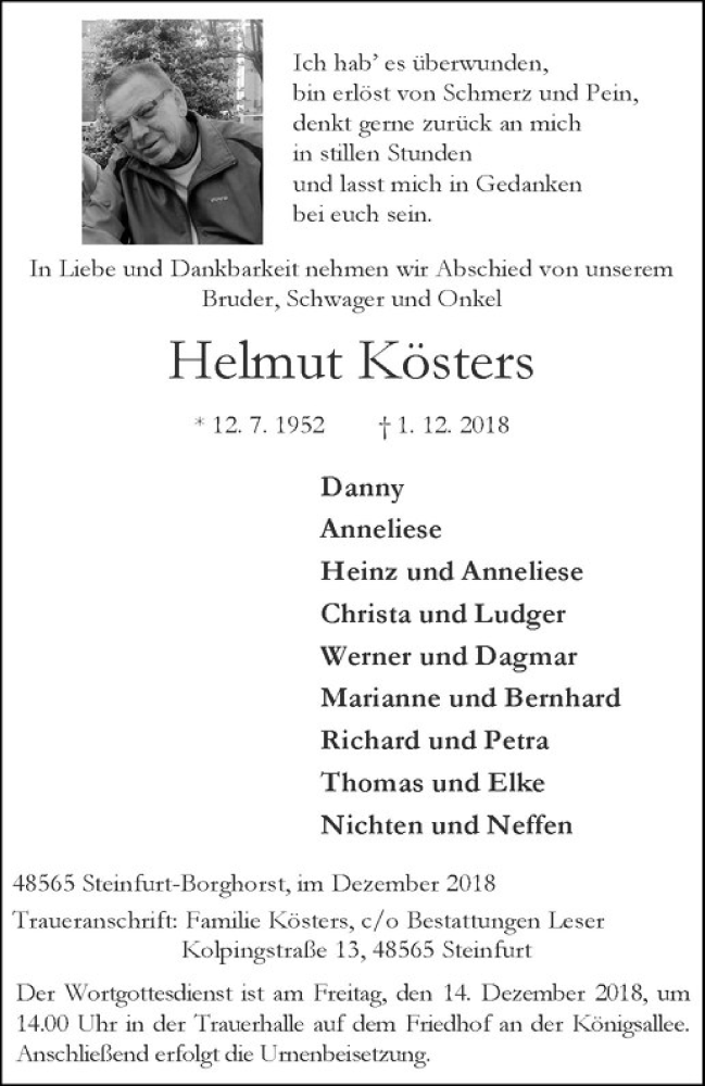  Traueranzeige für Helmut Kösters vom 08.12.2018 aus Westfälische Nachrichten