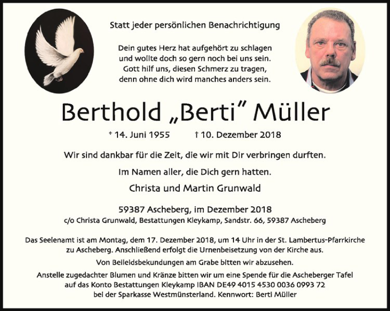  Traueranzeige für Berthold Müller vom 13.12.2018 aus Westfälische Nachrichten