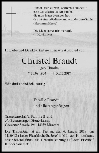 Anzeige von Christel Brandt von Westfälische Nachrichten