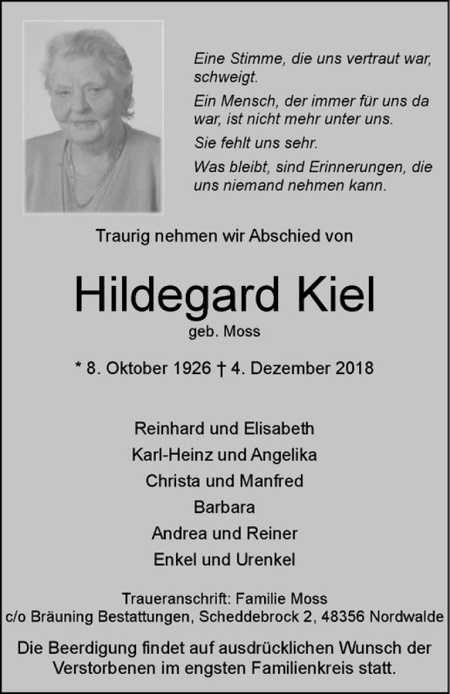  Traueranzeige für Hildegard Kiel vom 08.12.2018 aus Westfälische Nachrichten
