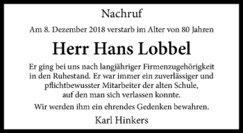 Anzeige von Hans Lobbel von Westfälische Nachrichten