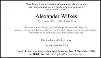 Anzeige von Alexander Wilkes von Westfälische Nachrichten