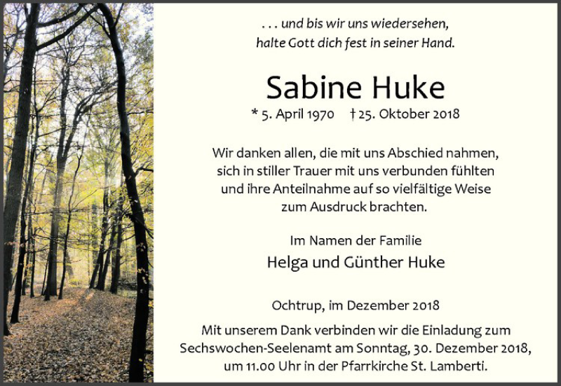 Traueranzeige für Sabine Huke vom 27.12.2018 aus Westfälische Nachrichten
