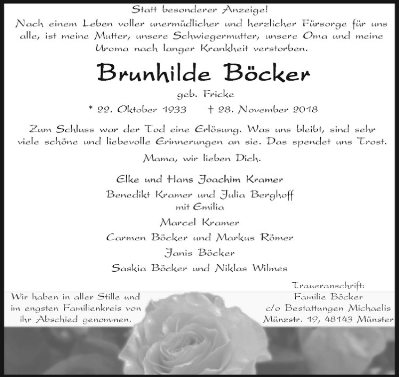  Traueranzeige für Brunhilde Böcker vom 08.12.2018 aus Westfälische Nachrichten