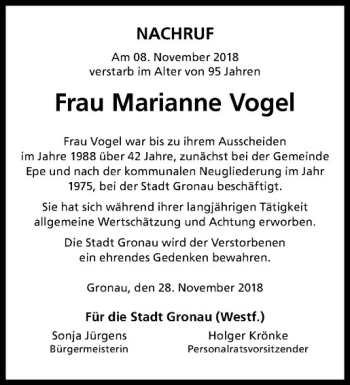Anzeige von Marianne Vogel von Westfälische Nachrichten