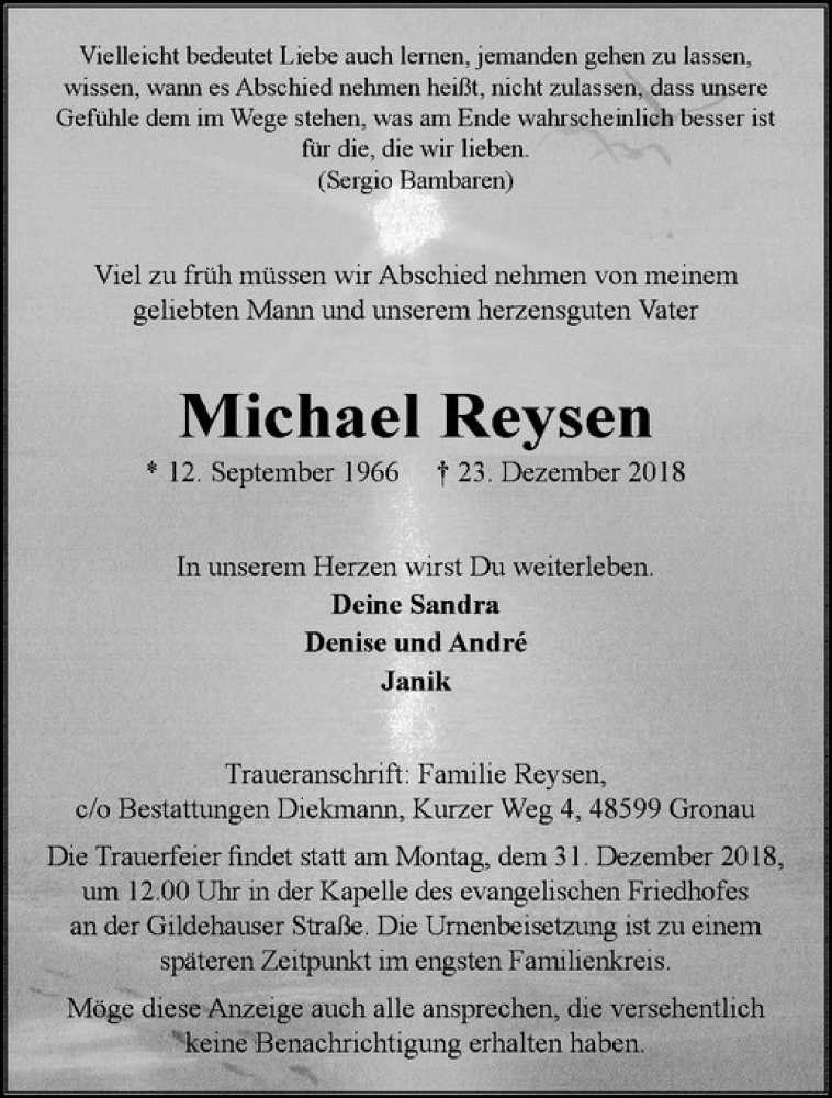  Traueranzeige für Michael Reysen vom 28.12.2018 aus Westfälische Nachrichten