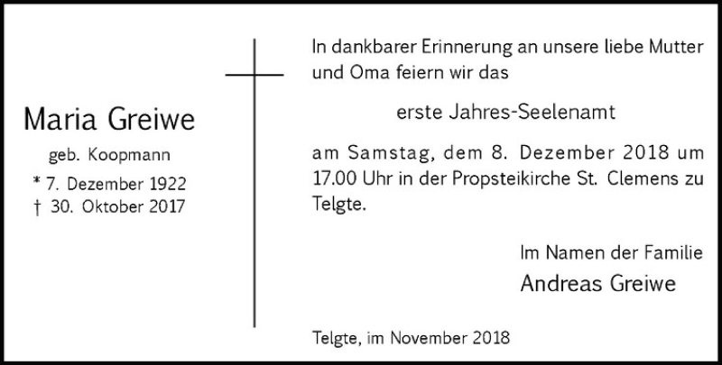  Traueranzeige für Maria Greiwe vom 01.12.2018 aus Westfälische Nachrichten